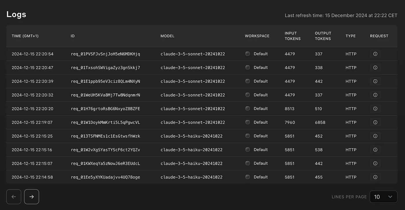 Anthropic usage logs showing token consumption