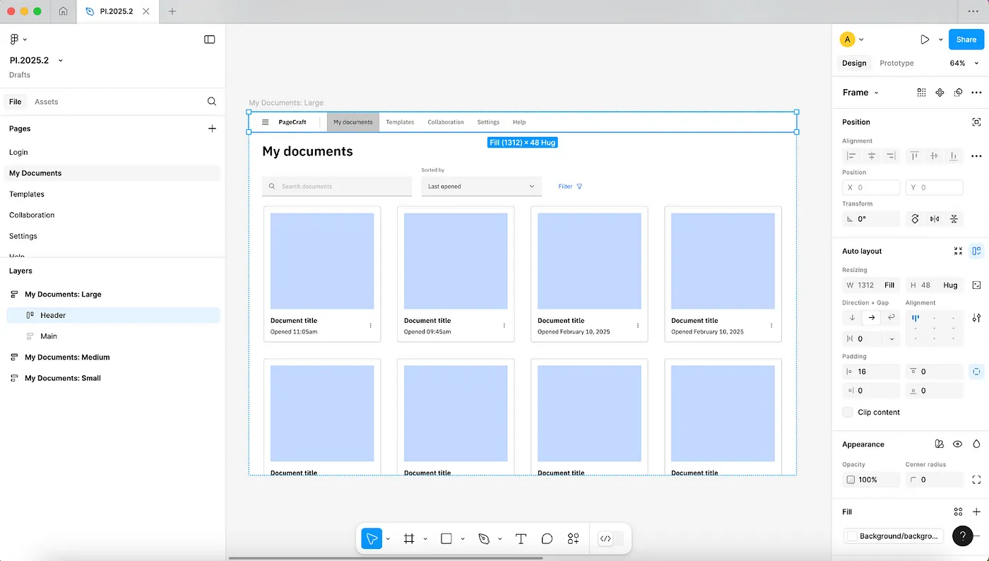 Figma设计一键迭代:AnimaPlayground的AI智能助手帮你轻松调整设计和代码_ Figma designs of a document center with the layers panel exposed in the left panel