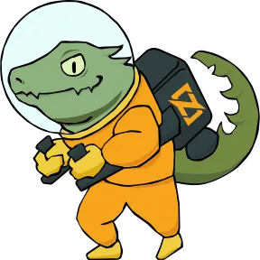 The ZiG mascot: Zero, the Ziguana \(CC BY 4.0 The Zig Foundation\). It’s an Iguana wearing a bright orange space suit controlling a backpack featuring the Zig logo.