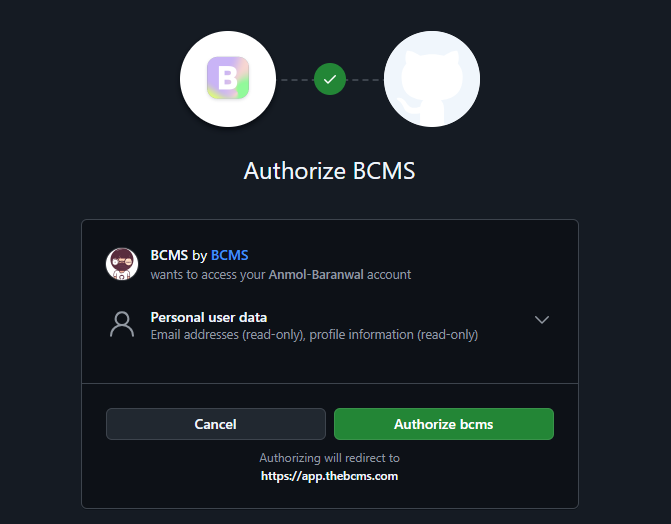 授权 bcms GitHub