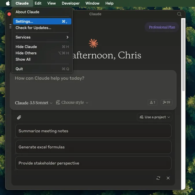 View of Claude Desktop menu with “Settings” highlighted
