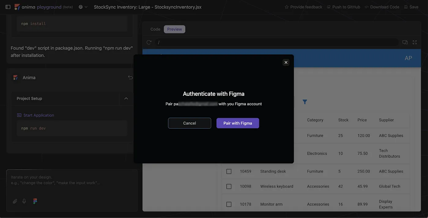 Figma设计一键迭代:AnimaPlayground的AI智能助手帮你轻松调整设计和代码_ Anima app with a modal that asks to authenticate with Figma to link the accounts together