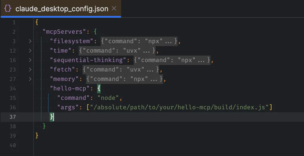 View of the opened claude_desktop_config.json file in an IDE with hello-mcp added as one of the mcpServers