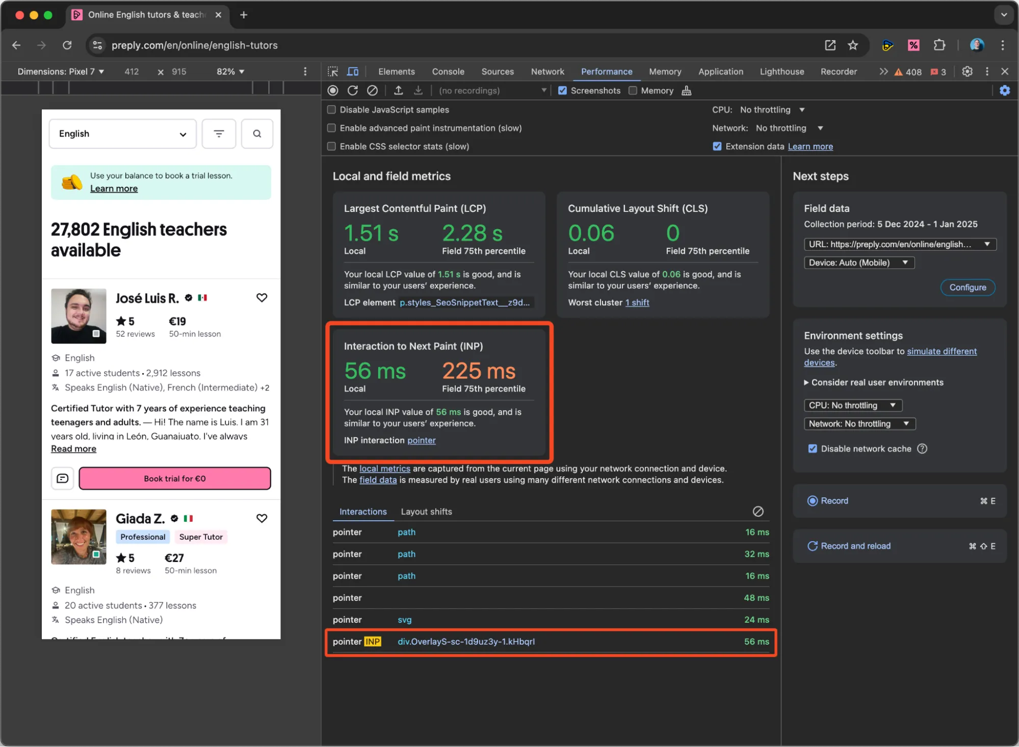 The Google Chrome devtools’s Performance tab shows the Core Web Vitals for the current session, especially INP, and the slowest interaction that caused it.