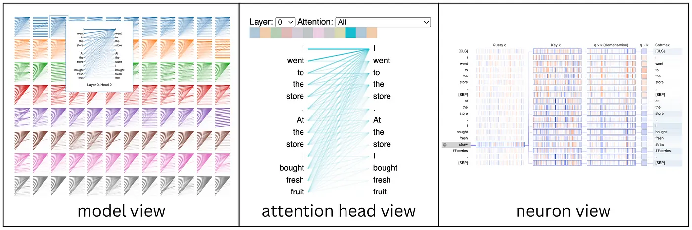A graphic showing the model view, attention head view, and neuron view of a transformer model using BertViz